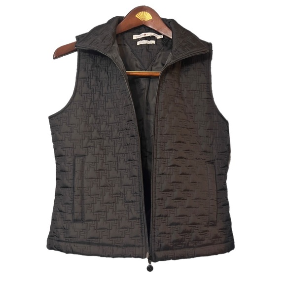 Vintage Tommy Hilfiger Vest Jacket MEDIUM Sleeveless Vest Black TH Quilted Zip - Picture 3 of 9
